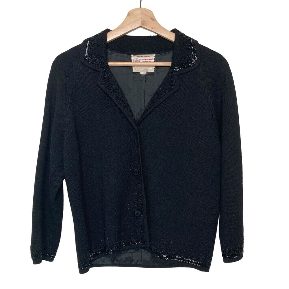 St Andrews Vintage Wool Blazer Womens Sz 10 Black Beaded Embellished Zephyr Wool